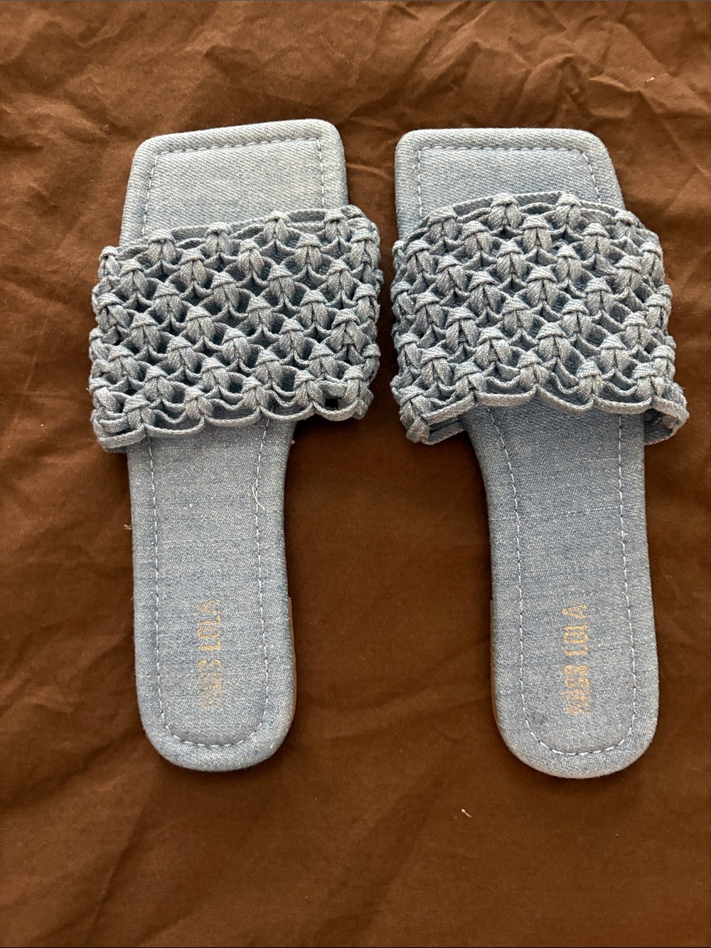 Miss Lola Light Blue Woven Slide Sandals